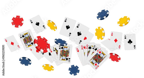 Casino Playing Cards and Chips Flying in Air, Gambling Concept