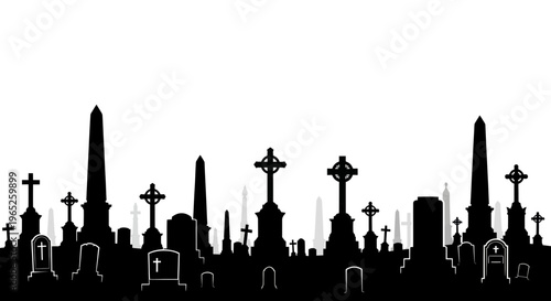 Cemetery Silhouette, Gravestone Crosses and Obelisks Landscape