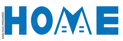 Home logo with creative house shape integrated into letter m, blue solid typography design for real estate, construction, property branding, modern architectural icon, residential building.