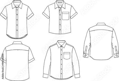 Technical fashion illustration set of men's short and long sleeve shirts front and back views vector template design