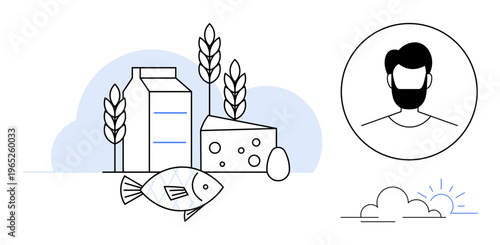 Nutrition, health, food sourcing, sustainable living, agriculture, dietary choices. Dairy, grains fish and cheese with wheat and profile of a bearded man. Nutrition and health concept