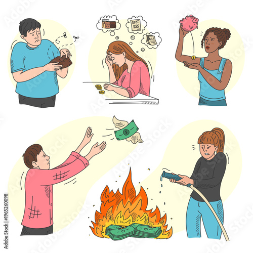 People suffering from financial crisis doodle set vector isolated. Hand-drawn illustration of characters losing money. Man looking at empty wallet. Woman looking at empty piggy bank. Idea of poverty.