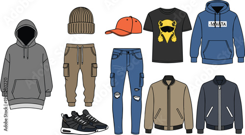 Urban streetwear clothing set with hoodies jackets jeans joggers sneakers caps and accessories modern fashion vector illustration
