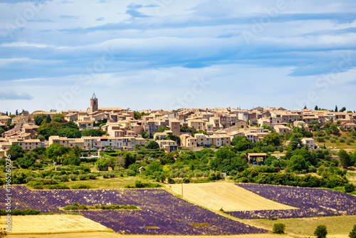 Hilltop Puimoisson village, France. Provence landscape with lavender fields. Plateau Valensole, Alpes de Haute Provence.