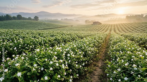 Golden light bathes a vast agricultural field adorned with countless blossoming white flowers, creating a serene and picturesque landscape with misty rolling hills under a soft morning sky