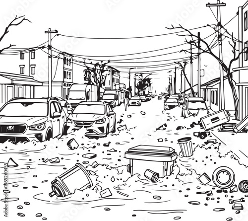 Flash Flood in City Street Hand-drawn Sketch Drawing Vector Illustration, Line Linear Symbol Black and White Engraving, Isolated