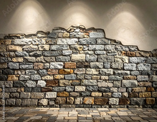 A stone wall with a staggered pattern of gray and brown stones