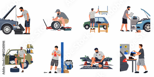 Set of Flat Illustrations Featuring Mechanics Performing Various Car Maintenance and Repair Tasks in a Professional Workshop Environment