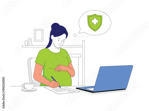 A pregnant woman sitting at a desk with a laptop and paperwork