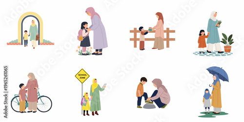 Set of Flat Vector Illustrations Depicting Muslim Mothers and Children in Various Everyday Life and School Scenes