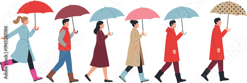 Diverse people walking with umbrellas in rain gear featuring trench coats and rain boots flat vector character set