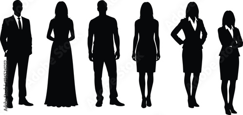 Diverse professional and formal fashion silhouettes featuring men in suits and women in evening gowns and office wear flat vector