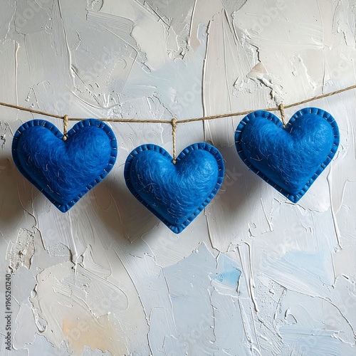 A string of blue hearts hangs against a textured wall
