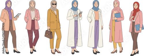 Diverse professional women wearing hijabs in modern business attire with tablets and folders flat vector character set