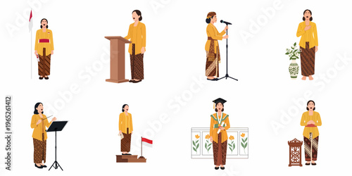 Set of illustrations featuring an Indonesian woman in traditional kebaya participating in various national ceremonies, public speaking events, and graduation celebrations.
