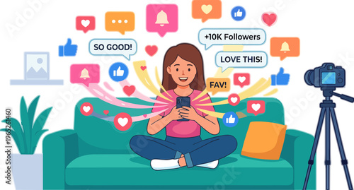 Woman sits on couch with phone surrounded by social media notifications and icons