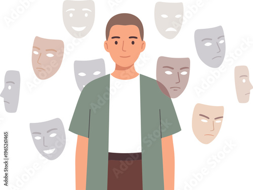 A man surrounded by multiple theatre masks floating around him in air.