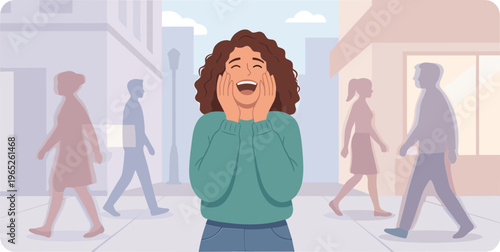 A woman reacts with surprise on a busy city sidewalk surrounded by people.