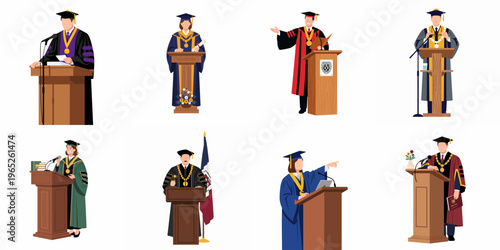 Set of university faculty members and students in graduation gowns delivering speeches at lecterns, minimalist flat design vector illustrations.