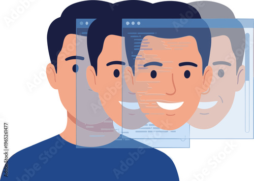 A man with multiple faces and smiles appears in a digital environment.