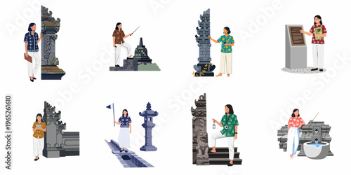 Flat vector illustrations of an Indonesian female tour guide showcasing various historical and cultural heritage sites in Bali and Java.