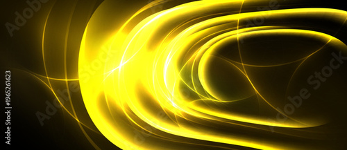 Bright yellow energy flows, swirling patterns dominate dark background. Abstract design evokes motion, light intensity.
