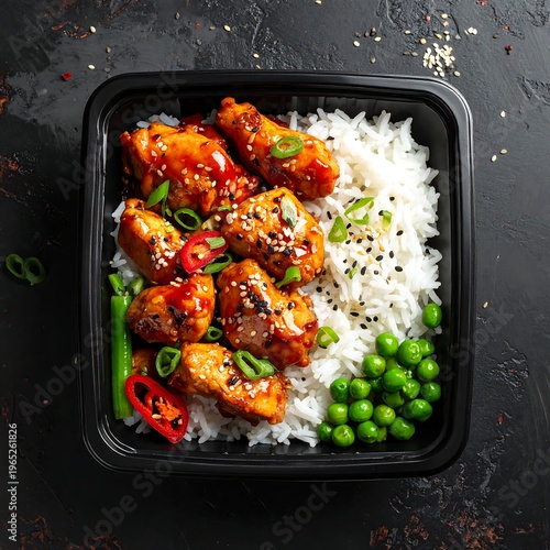 A takeout container filled with rice, meat, peas, and vegetables