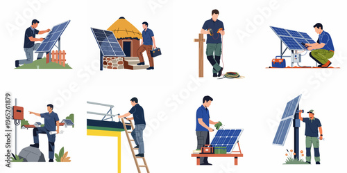 Set of illustrations showing professional technicians installing and maintaining solar panels for residential and rural renewable energy projects.