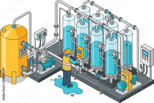 Industrial water filtration system with tanks pumps pipelines and worker operating purification plant engineering process flat vector illustration environmental treatment facility