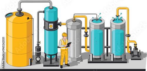 Industrial water treatment system with filtration tanks pipelines and engineer monitoring purification process engineering plant flat vector illustration environmental infrastructure