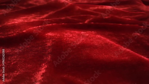 Close Up Macro Shot Of Red Velvet Fabric With Subtle Glitter Reflecting Light