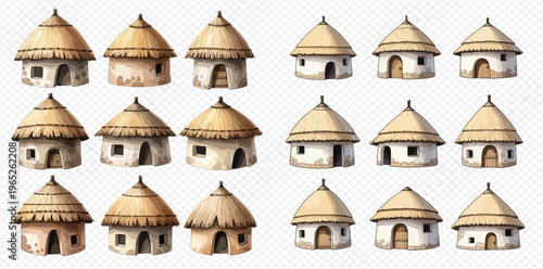Collection of traditional African huts with thatched roofs, showcasing diverse architectural styles and cultural heritage.