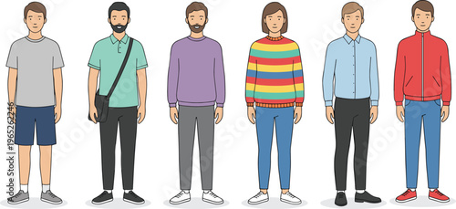 Diverse young people in casual and smart casual everyday fashion including sweaters polo shirts and messenger bags flat vector character set
