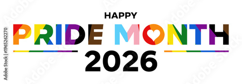 Happy Pride Month 2026 text isolated, LGBTQIA flag logo