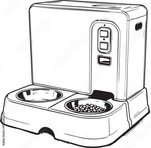 Smart Automatic Pet Feeder Hand-drawn Sketch Drawing Vector Illustration, Line Linear Symbol Black and White Engraving, Isolated