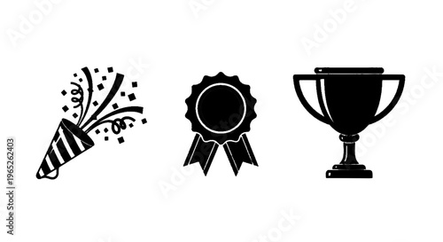 Vector illustration of set of celebration icons including party popper, award ribbon and trophy on a transparent background