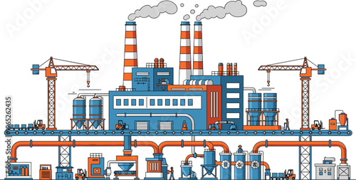Modern industrial factory illustration with pipelines, smokestacks, cranes and workers, manufacturing plant production facility, engineering industry infrastructure vector banner design flat 