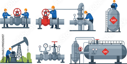 Oil and gas industry workers operating pipeline valves storage tanks refinery equipment petroleum production flat vector illustration industrial energy infrastructure