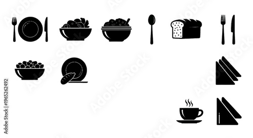 Vector illustration of set of black icons representing food, kitchenware, and dining utensils on a transparent background