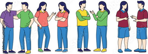 People talking and discussing flat illustration set, casual conversation, teamwork communication, friends interaction, social dialogue characters vector collection