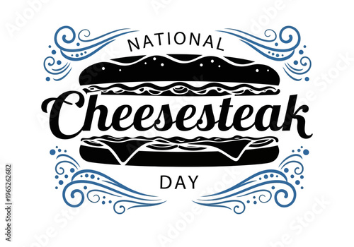 National cheesesteak day logo with sandwich and blue swirls