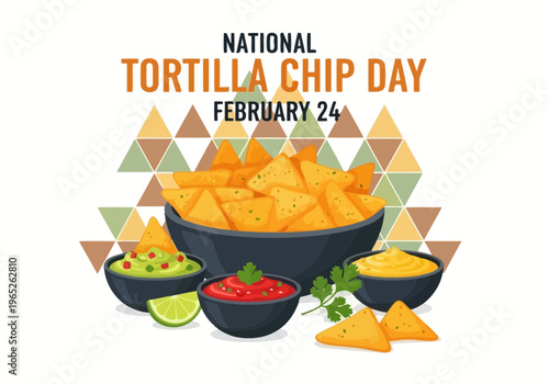 National tortilla chip day celebration with bowl of chips and dips