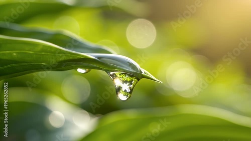Close up of water drops on a green leaf with sunlight bokeh background