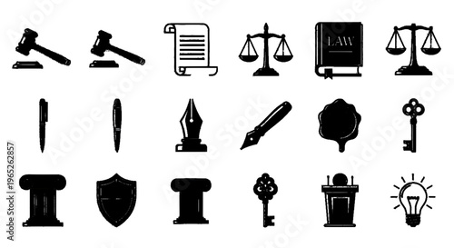 Vector illustration of set of law and justice icons, legal symbols for court and legal services on a transparent background