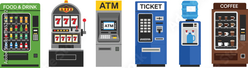 Vending machines set including food drink slot ATM ticket water dispenser coffee machine automatic service kiosks flat vector illustration