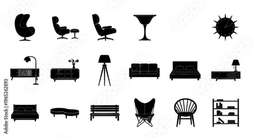 Vector illustration of set of modern furniture icons in flat style on a transparent background