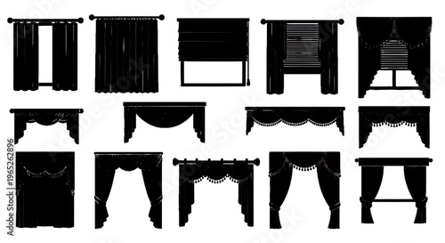 Vector illustration of set of various window curtains and drapes on a transparent background