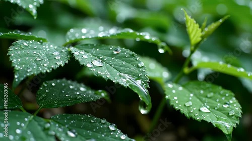 Close Up Of Wet Green Leaves After Rain With Water Droplets Reflecting Light