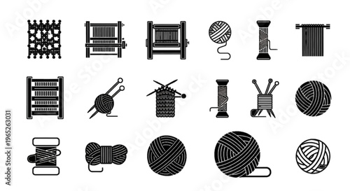Vector illustration of set of knitting and weaving icons, yarn balls, looms and needles on a transparent background