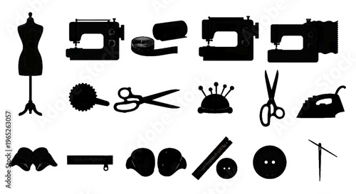 Vector illustration of set of sewing and tailoring equipment icons on a transparent background
